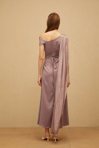 Elegant Draped One Shoulder Sleeveless Lace-Up Back Midi Length Evening Dress