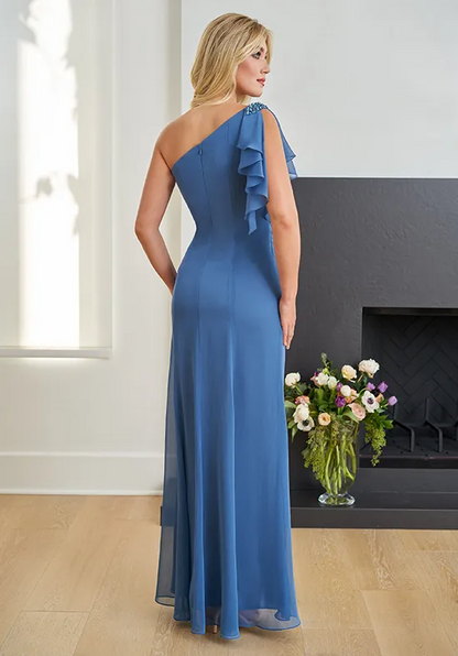 Elegant Dusty Blue Chiffon One-Shoulder Ruffled Sleeve Beaded Slit Floor-Length Mother of the Bride Dress