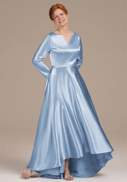 Elegant Dusty Blue Satin A-Line V-Notch Neck Long Sleeve High-Low Mother of the Bride Dress