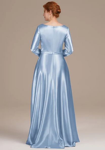 Elegant Dusty Blue Satin A-Line V-Notch Neck Long Sleeve High-Low Mother of the Bride Dress