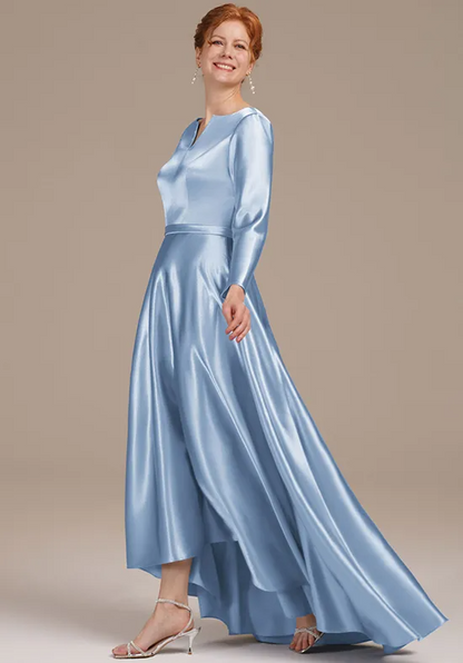 Elegant Dusty Blue Satin A-Line V-Notch Neck Long Sleeve High-Low Mother of the Bride Dress
