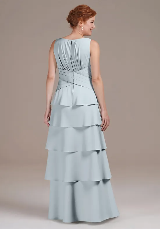 Elegant Dusty Blue Tiered Chiffon V-Neck Sleeveless Cross-Waist Floor-Length Mother of the Bride Dress