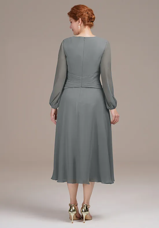 Elegant Dusty Grey Chiffon A-Line V-Neck Long Sleeve Tea-Length Mother of the Bride Dress