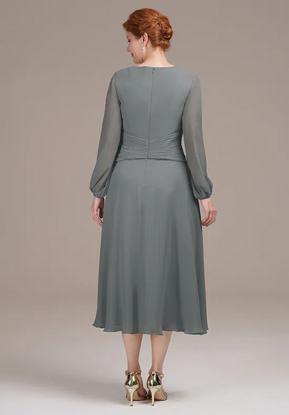 Elegant Dusty Grey Chiffon A-Line V-Neck Long Sleeve Tea-Length Mother of the Bride Dress