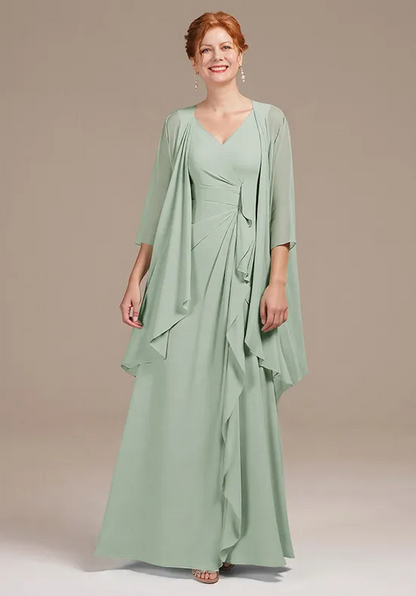 Elegant Sage Green Chiffon A-Line V-Neck Sleeveless Ruffled Floor-Length Mother of the Bride Dress