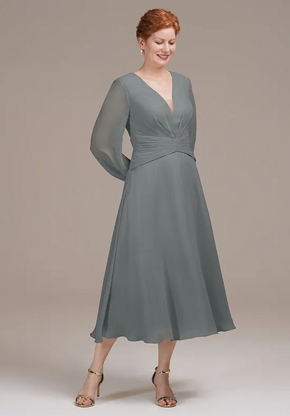 Elegant Dusty Grey Chiffon A-Line V-Neck Long Sleeve Tea-Length Mother of the Bride Dress