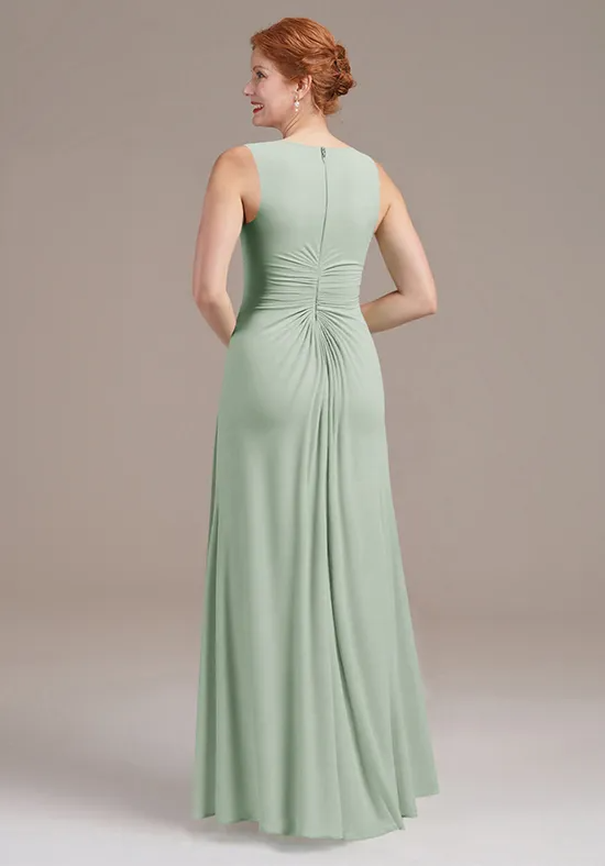 Elegant Sage Green Chiffon A-Line V-Neck Sleeveless Ruffled Floor-Length Mother of the Bride Dress