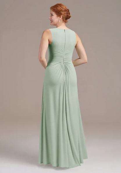 Elegant Sage Green Chiffon A-Line V-Neck Sleeveless Ruffled Floor-Length Mother of the Bride Dress
