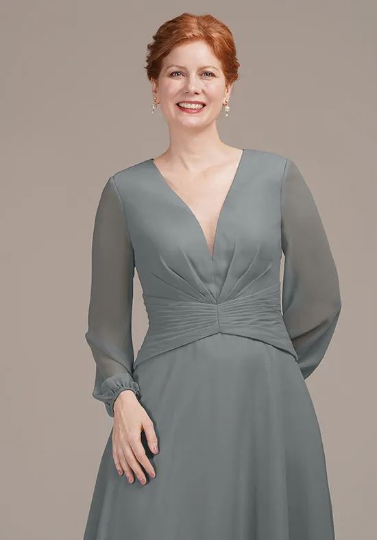 Elegant Dusty Grey Chiffon A-Line V-Neck Long Sleeve Tea-Length Mother of the Bride Dress