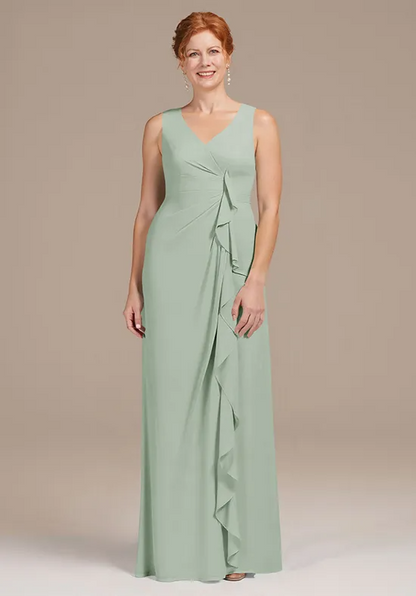 Elegant Sage Green Chiffon A-Line V-Neck Sleeveless Ruffled Floor-Length Mother of the Bride Dress