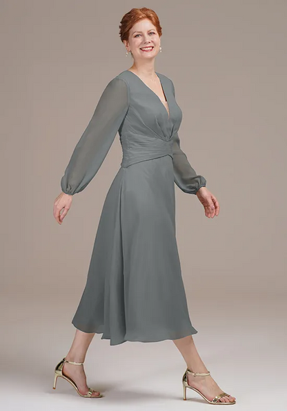 Elegant Dusty Grey Chiffon A-Line V-Neck Long Sleeve Tea-Length Mother of the Bride Dress