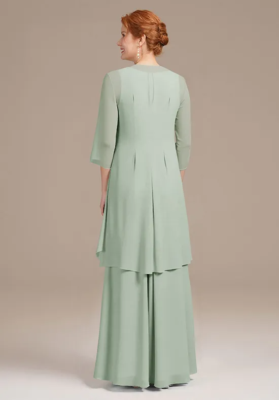 Elegant Sage Green Chiffon A-Line V-Neck Sleeveless Ruffled Floor-Length Mother of the Bride Dress