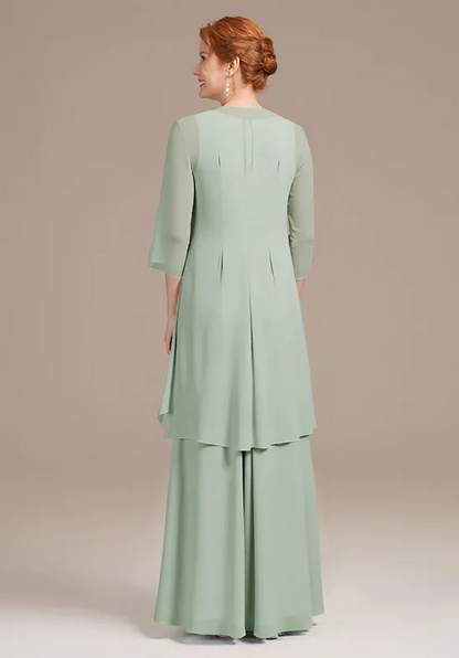 Elegant Sage Green Chiffon A-Line V-Neck Sleeveless Ruffled Floor-Length Mother of the Bride Dress