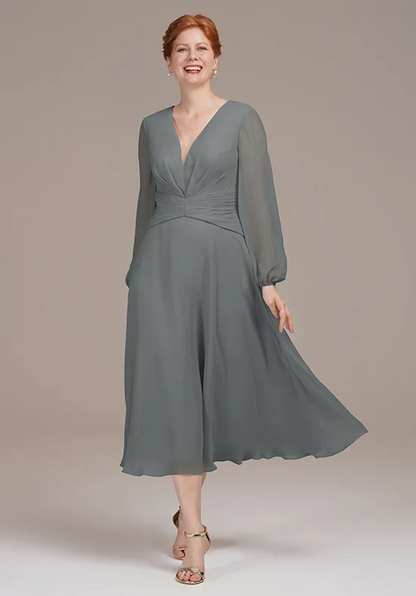 Elegant Dusty Grey Chiffon A-Line V-Neck Long Sleeve Tea-Length Mother of the Bride Dress