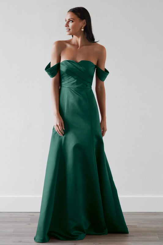 Elegant Emerald Green Off-Shoulder Neck Back Zip Ruched Maxi Evening Dress