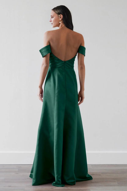Elegant Emerald Green Off-Shoulder Neck Back Zip Ruched Maxi Evening Dress