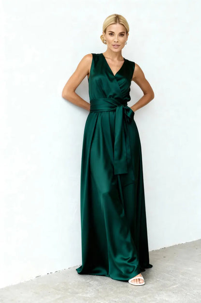 Elegant Emerald Green Satin Evening Dresses with Sleeveless V-Neck, Self-Tie Belt, Open Back and Flowing Maxi Silhouette Formal Gown