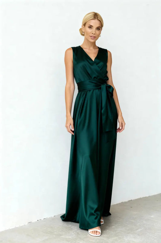 Elegant Emerald Green Satin Evening Dresses with Sleeveless V-Neck, Self-Tie Belt, Open Back and Flowing Maxi Silhouette Formal Gown
