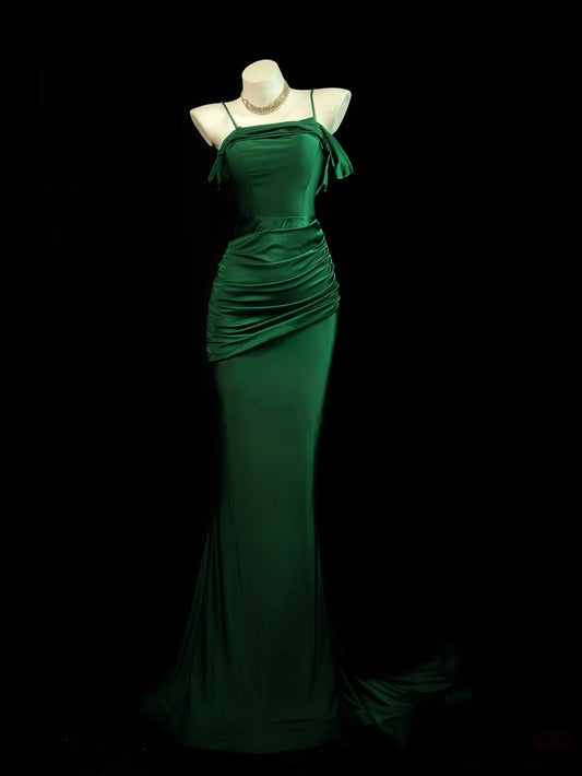 Elegant Emerald Green Satin Mermaid Cowl Neck Spaghetti Strap Ruched Detail Prom Dresses