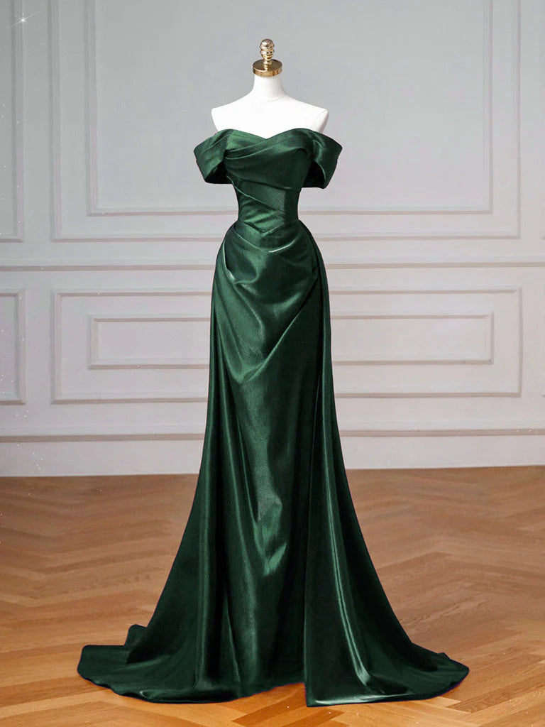 Elegant Emerald Green Satin Mermaid Off-the-Shoulder Sweetheart Neck Lace-Up Back Prom Dresses
