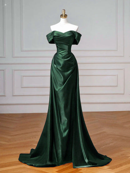 Elegant Emerald Green Satin Mermaid Off-the-Shoulder Sweetheart Neck Lace-Up Back Prom Dresses