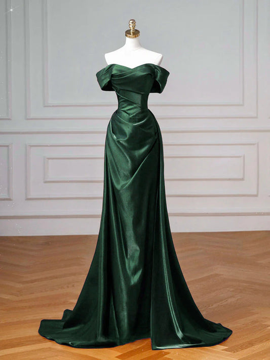 Elegant Emerald Green Satin Mermaid Off-the-Shoulder Sweetheart Neck Lace-Up Back Prom Dresses