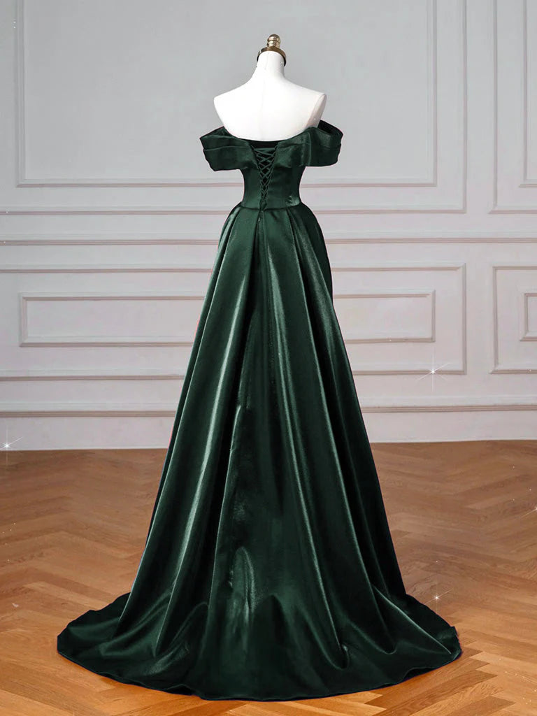Elegant Emerald Green Satin Mermaid Off-the-Shoulder Sweetheart Neck Lace-Up Back Prom Dresses