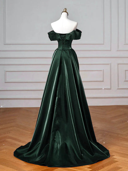 Elegant Emerald Green Satin Mermaid Off-the-Shoulder Sweetheart Neck Lace-Up Back Prom Dresses