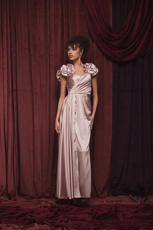 Elegant Evening Dress with Satin Rosette Shoulders, V-Neckline and Flowing Skirt