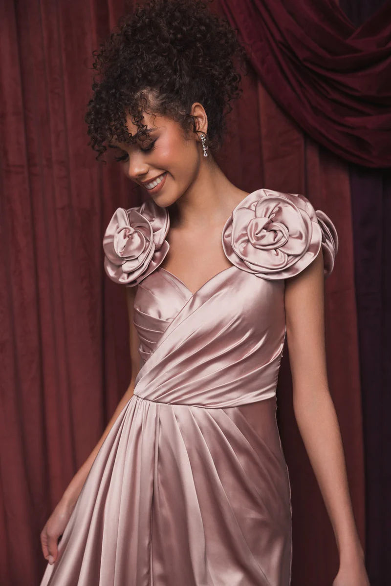 Elegant Evening Dress with Satin Rosette Shoulders, V-Neckline and Flowing Skirt