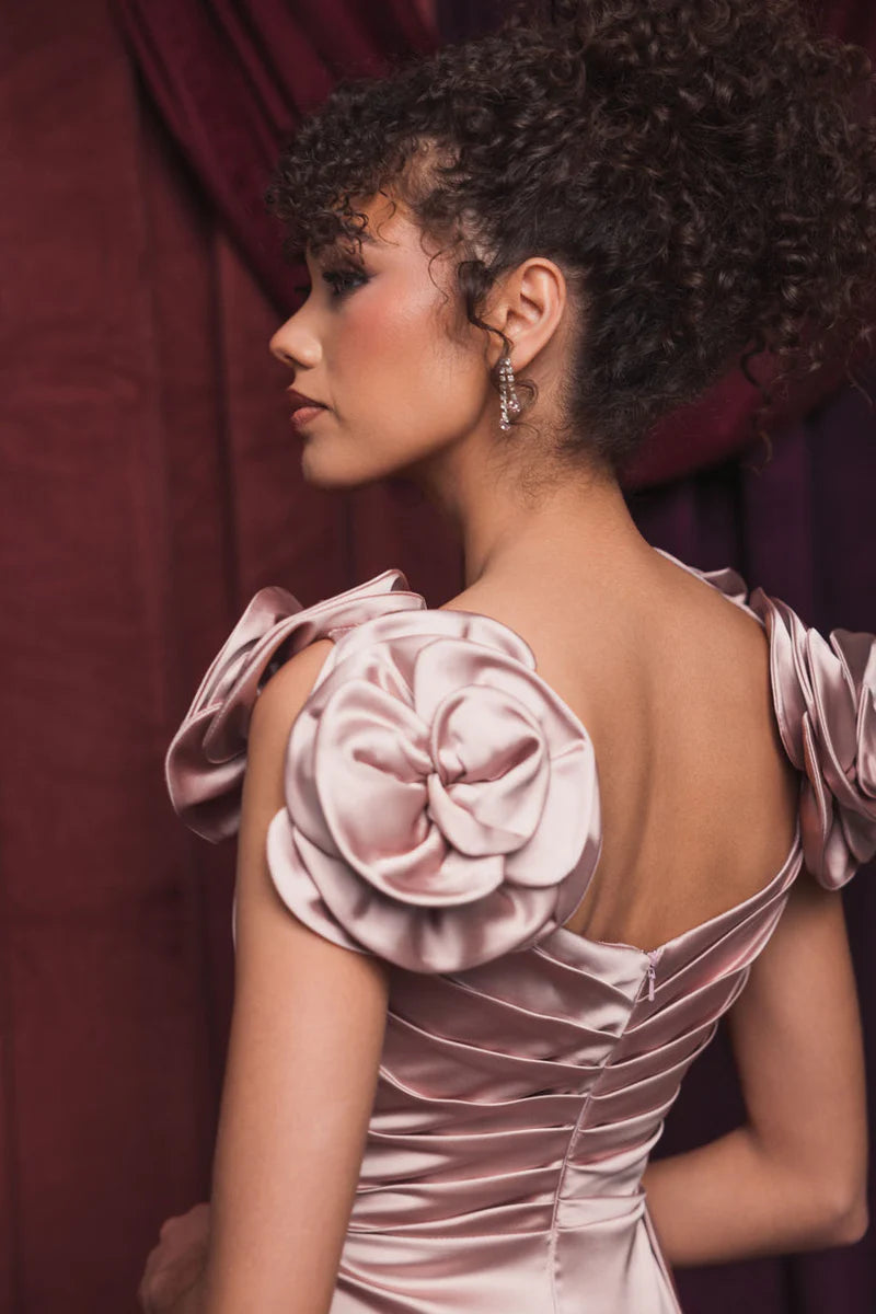 Elegant Evening Dress with Satin Rosette Shoulders, V-Neckline and Flowing Skirt