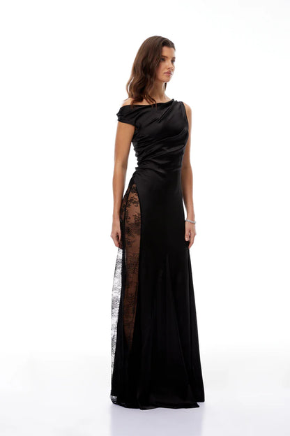 Elegant Fitted Asymmetric Off Shoulder Sleeveless Lace Slit Floor Length Evening Dress
