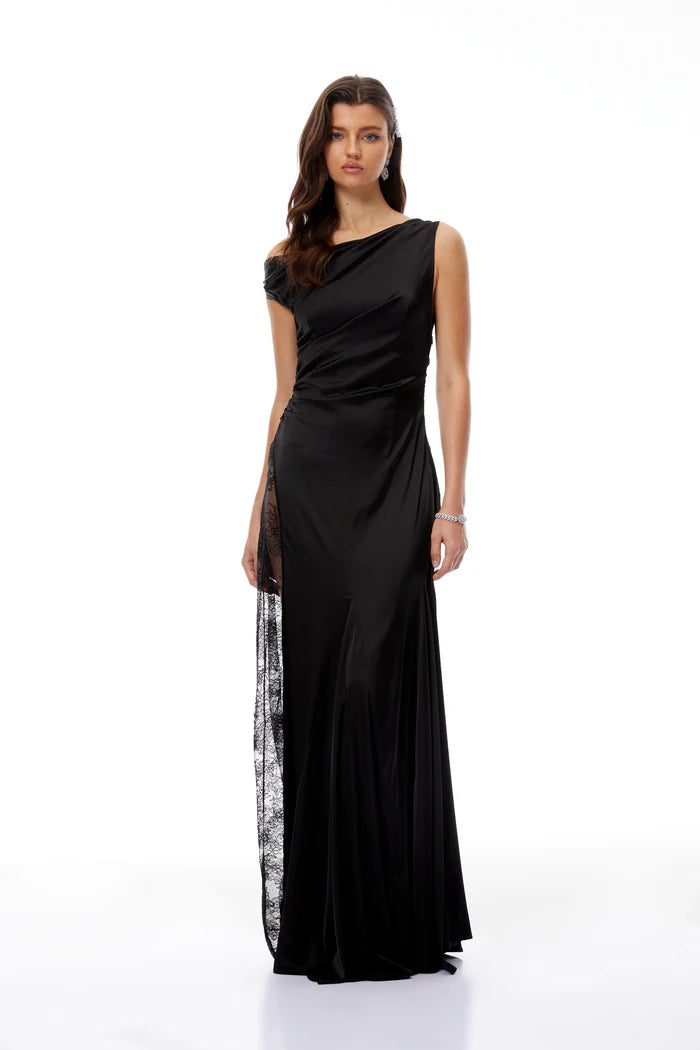 Elegant Fitted Asymmetric Off Shoulder Sleeveless Lace Slit Floor Length Evening Dress
