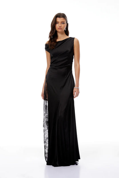 Elegant Fitted Asymmetric Off Shoulder Sleeveless Lace Slit Floor Length Evening Dress