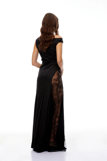 Elegant Fitted Asymmetric Off Shoulder Sleeveless Lace Slit Floor Length Evening Dress