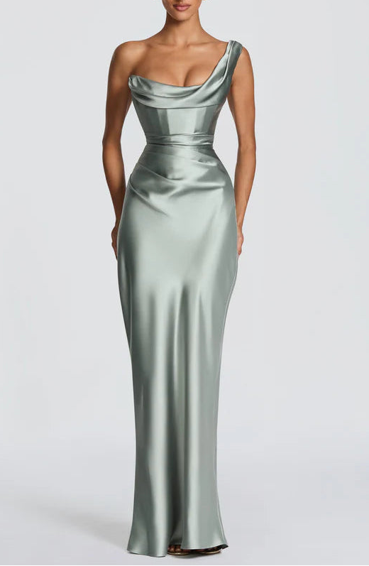 Elegant Fitted Cowl Neck One Shoulder Lace Up Back Floor Length Prom Dress