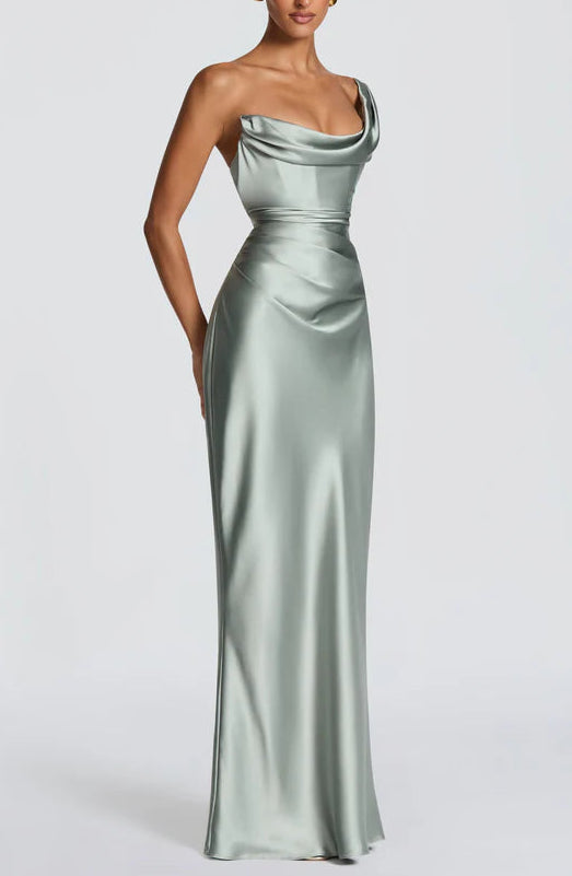 Elegant Fitted Cowl Neck One Shoulder Lace Up Back Floor Length Prom Dress