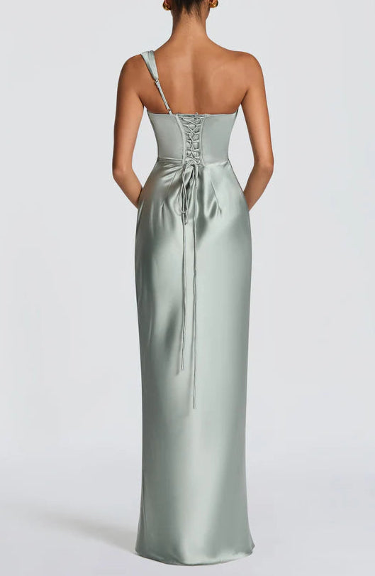 Elegant Fitted Cowl Neck One Shoulder Lace Up Back Floor Length Prom Dress