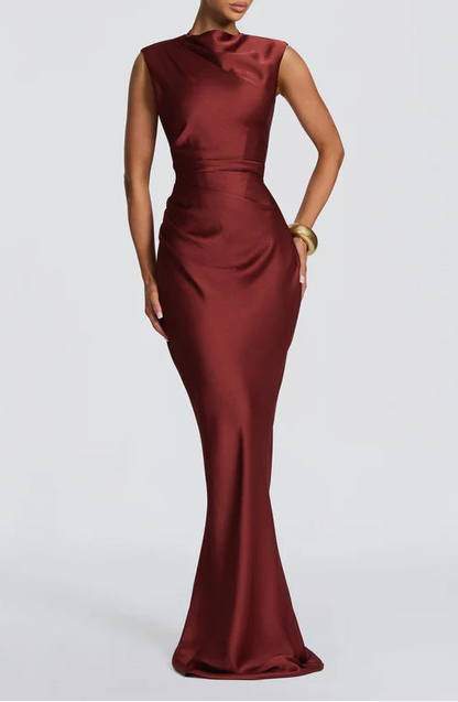 Elegant Satin Mermaid Cowl Neck Open Lace-Up Back Burgundy Floor-Length Prom Dress