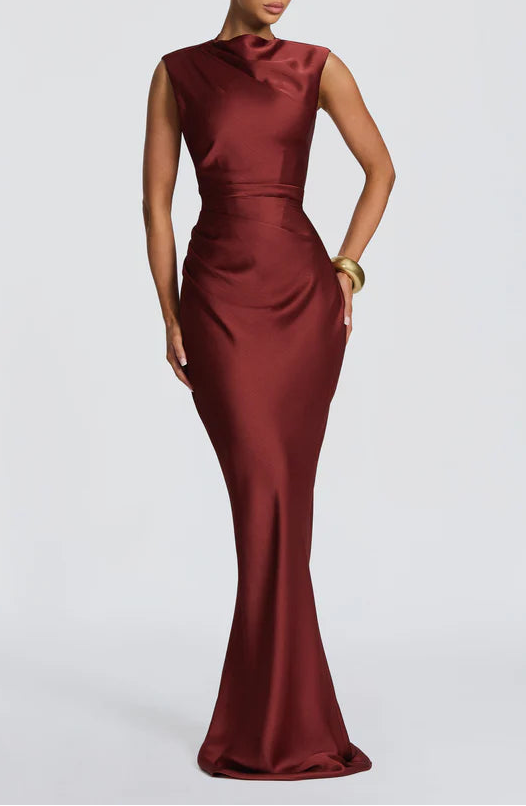 Elegant Fitted Cowl Neck Sleeveless Open Lace Up Back Floor Length Prom Dress