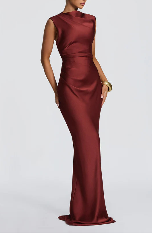 Elegant Satin Mermaid Cowl Neck Open Lace-Up Back Burgundy Floor-Length Prom Dress