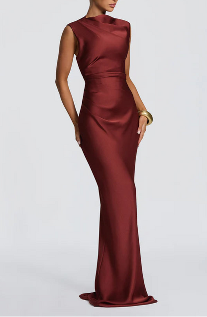 Elegant Satin Mermaid Cowl Neck Open Lace-Up Back Burgundy Floor-Length Prom Dress
