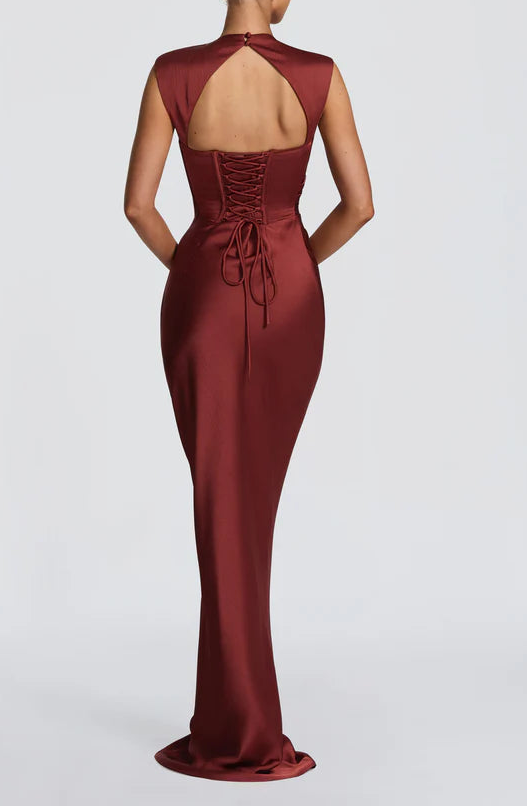 Elegant Satin Mermaid Cowl Neck Open Lace-Up Back Burgundy Floor-Length Prom Dress