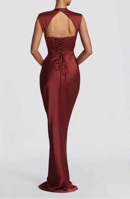 Elegant Satin Mermaid Cowl Neck Open Lace-Up Back Burgundy Floor-Length Prom Dress