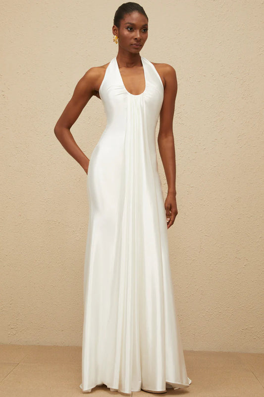 Elegant Fitted Halter Neck Sleeveless Open Back Floor Length Evening Dress