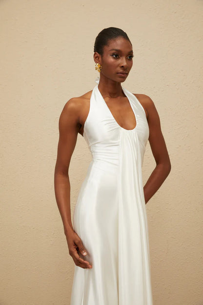 Elegant Fitted Halter Neck Sleeveless Open Back Floor Length Evening Dress