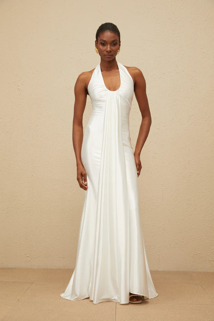 Elegant Fitted Halter Neck Sleeveless Open Back Floor Length Evening Dress