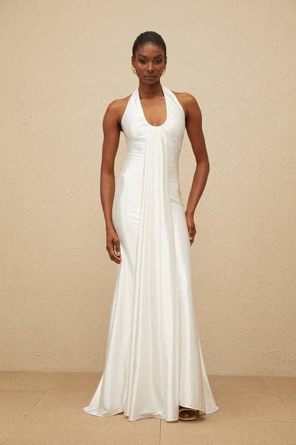Elegant Fitted Halter Neck Sleeveless Open Back Floor Length Evening Dress