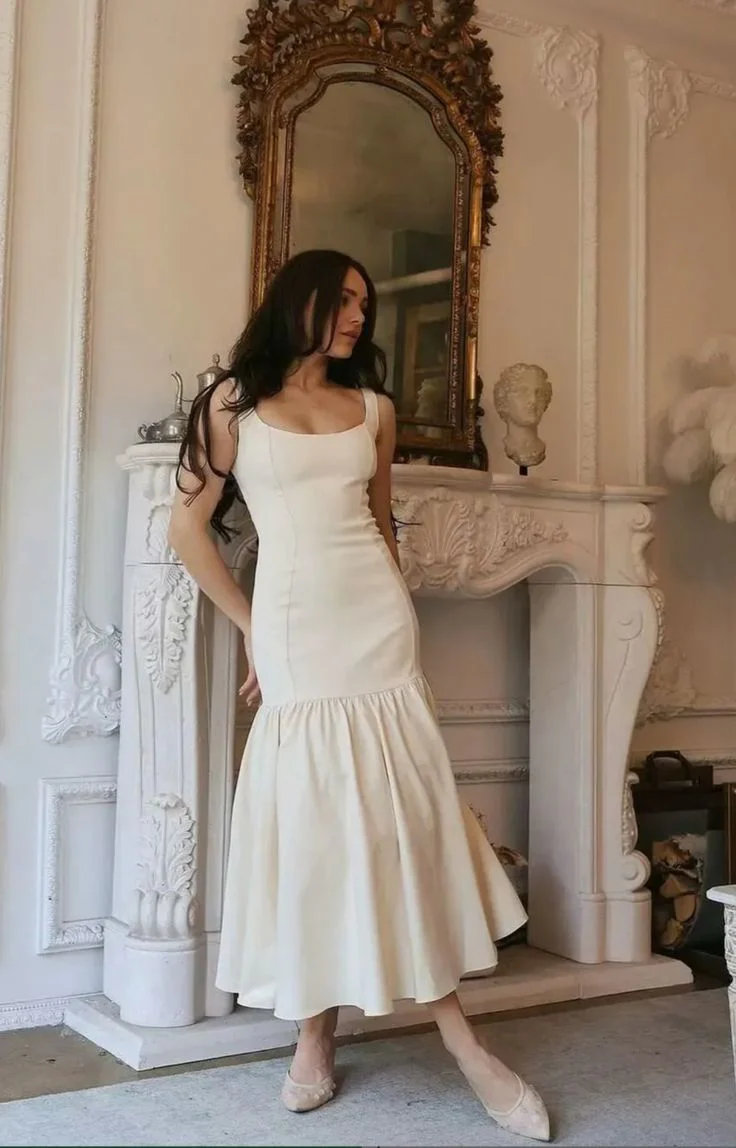 Elegant Fitted Mermaid Square Neck Sleeveless Backless Midi Dress for Prom Dresses
