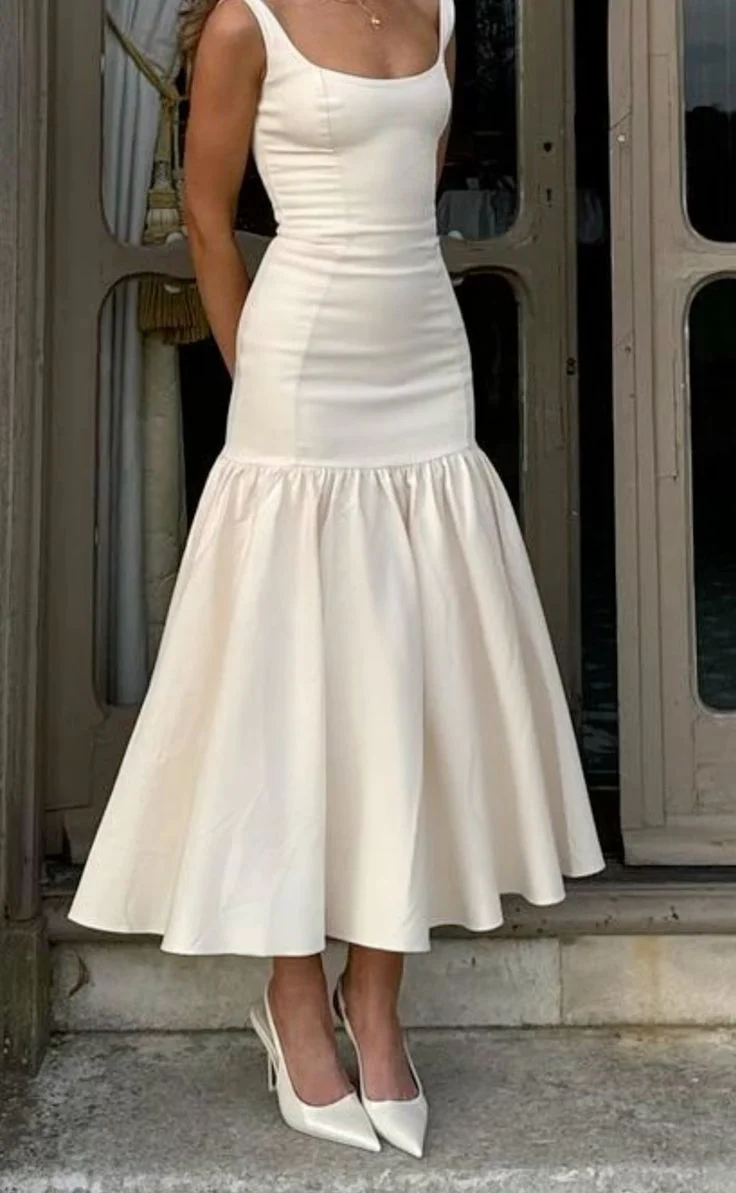 Elegant Fitted Mermaid Square Neck Sleeveless Backless Midi Dress for Prom Dresses